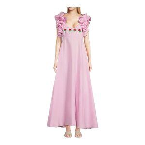 Fanm Mon Pink Maxi Dress with Floral Embroidery